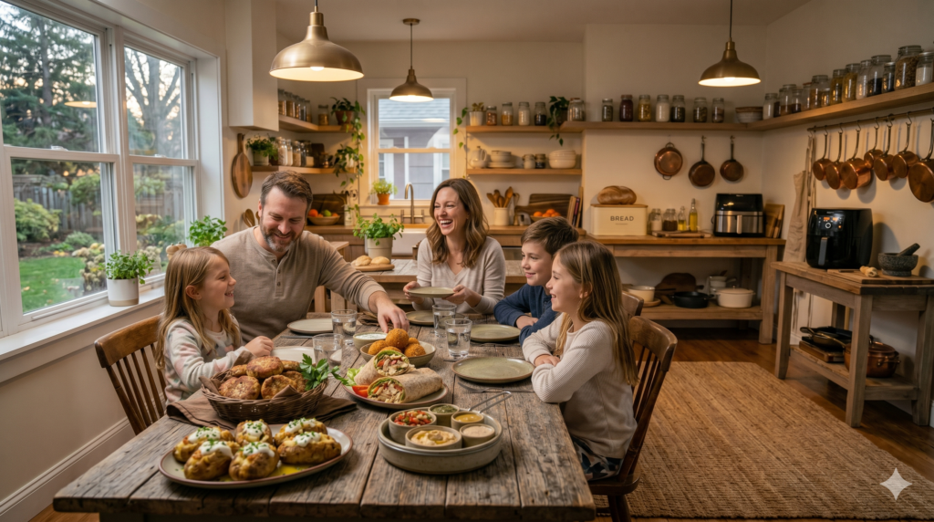 Family enjoying budget-friendly homemade air fryer meals together.
