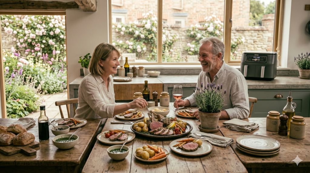 Family gathered around a table enjoying homemade air fryer lamb chops and side dishes.