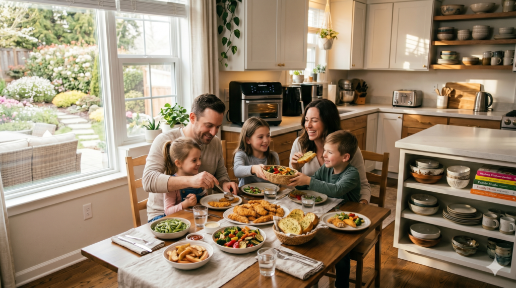 Family sharing simple everyday homemade air fryer recipes and meals around the dinner table.