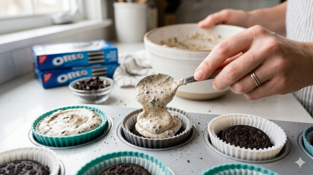 Cheesecake filling being added to Oreo-lined muffin cups