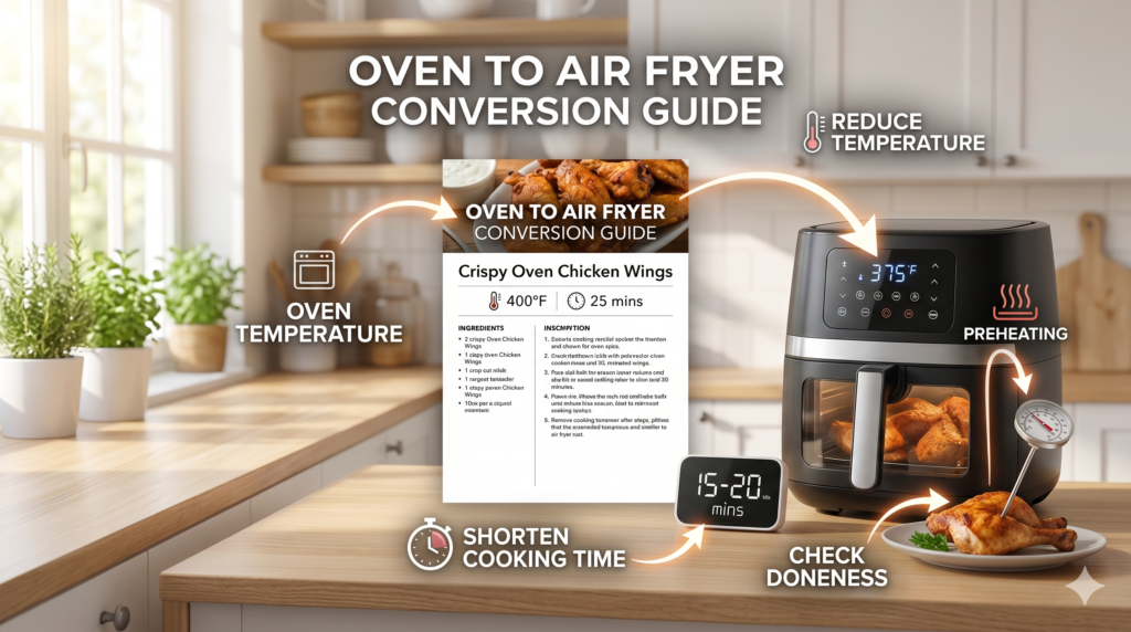 Simple step-by-step process for converting oven recipes to air fryer settings.