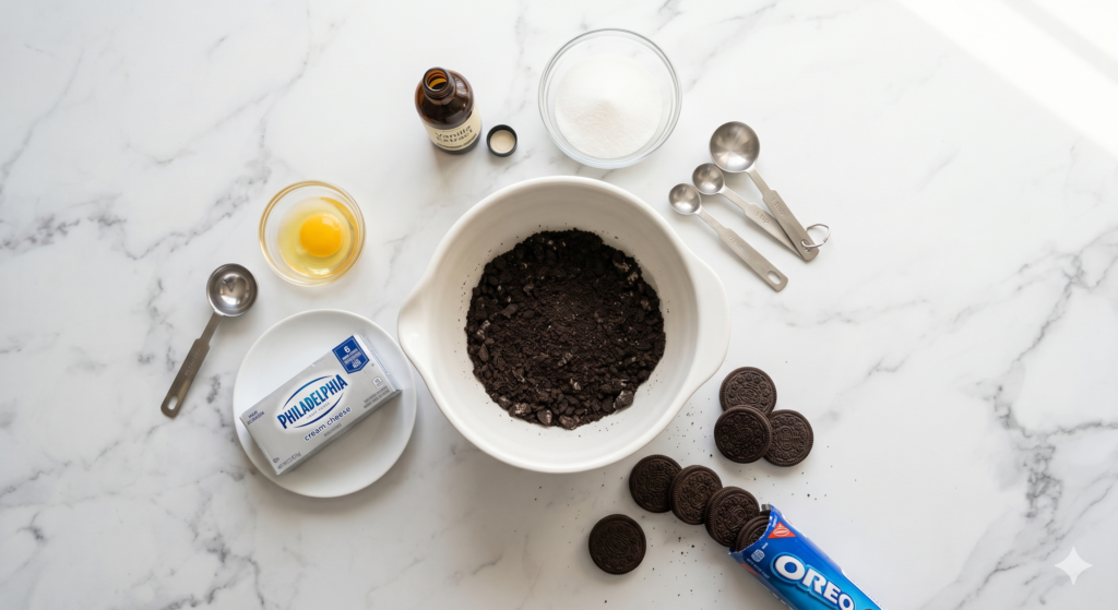 Ingredients needed to make mini Oreo cheesecakes in an air fryer