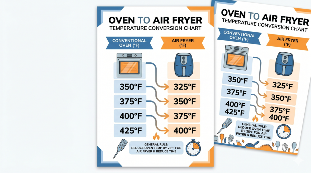 Easy oven to air fryer temperature conversion chart for quick cooking adjustments.