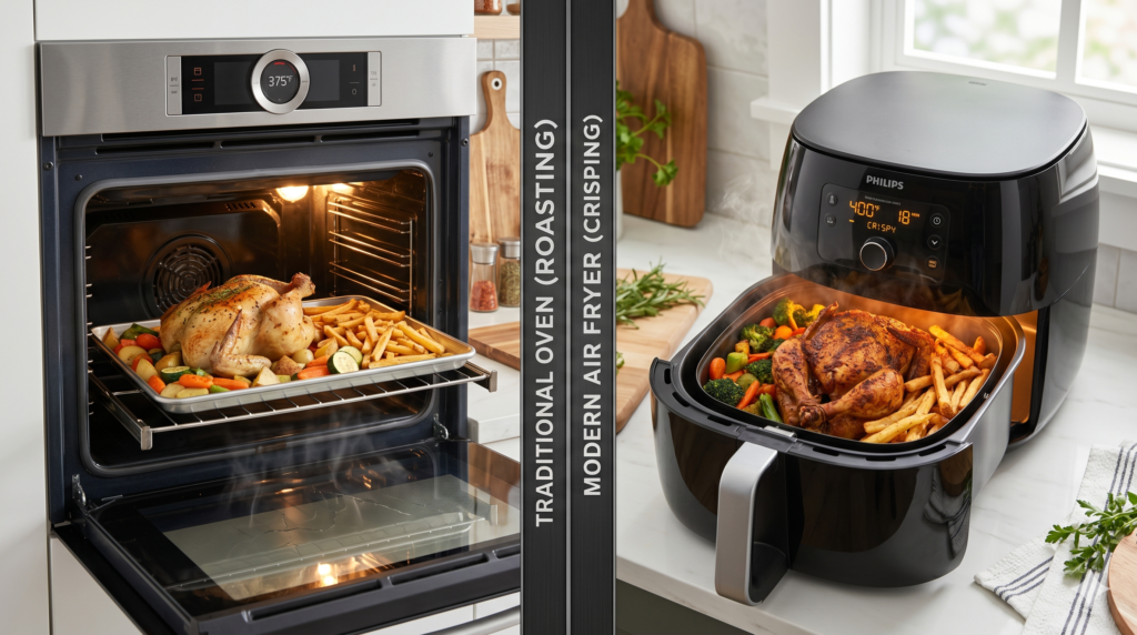 Visual comparison between traditional oven cooking and air fryer cooking.