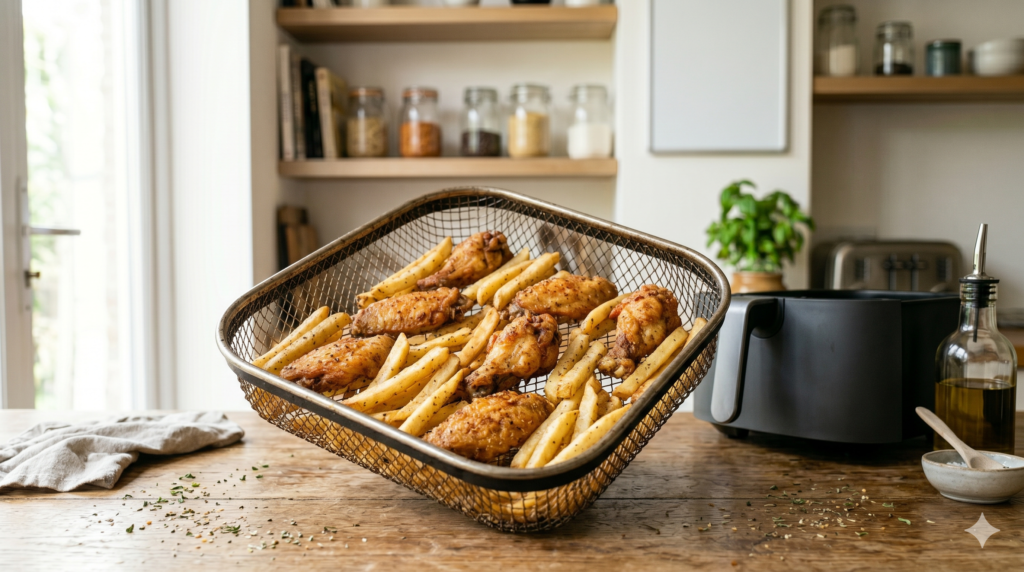 Perfectly cooked food inside an air fryer basket