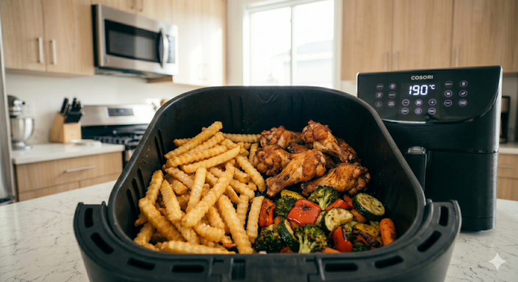 Perfectly cooked food inside an air fryer basket