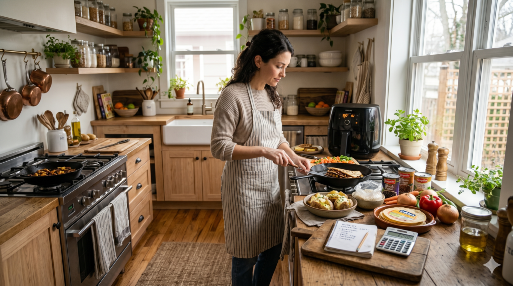 Budget-conscious home cook preparing affordable meals with an air fryer.