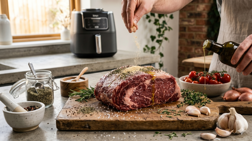 Raw beef roast coated with herbs and seasonings before air fryer cooking.