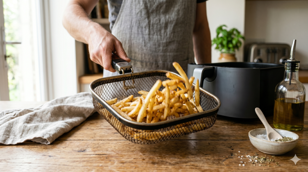 Shaking food in an air fryer basket during cooking
