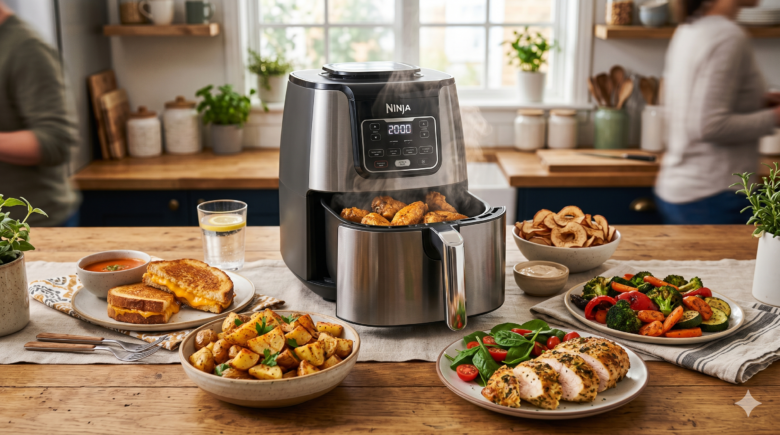 Simple everyday air fryer recipes including chicken, vegetables, breakfast potatoes, and healthy snacks.