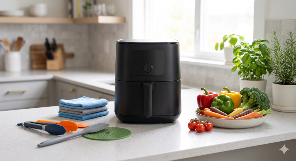 Clean modern air fryer on a kitchen counter ready for everyday cooking