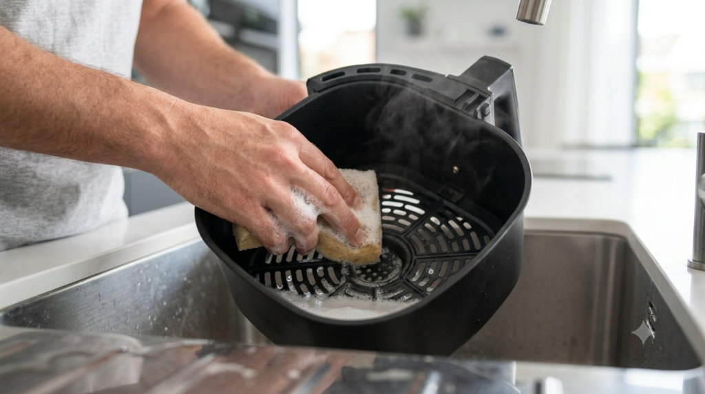 Person cleaning an air fryer basket after cooking