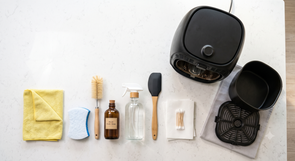 Cleaning supplies including microfiber cloth, soft brush, sponge and mild dish soap for air fryer maintenance