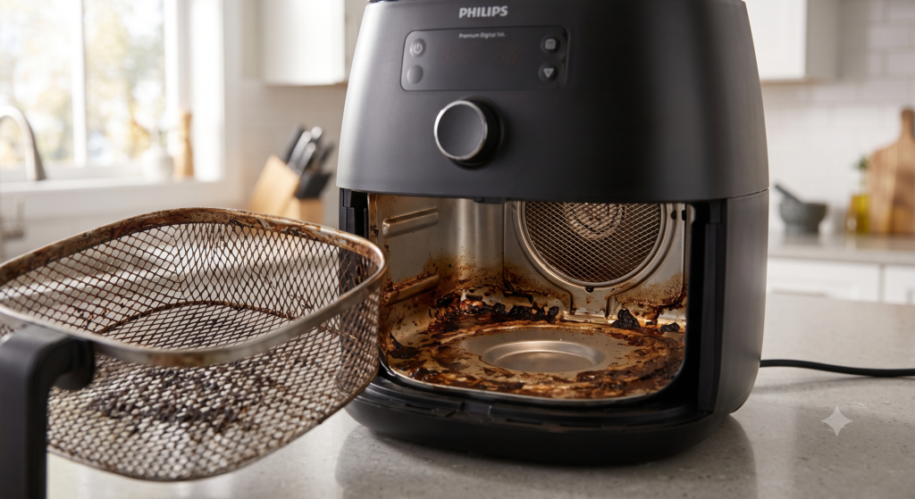 Close-up of burnt grease buildup inside an air fryer basket and cooking chamber