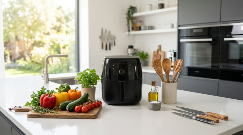 Modern air fryer in a bright organized kitchen ready for everyday cooking