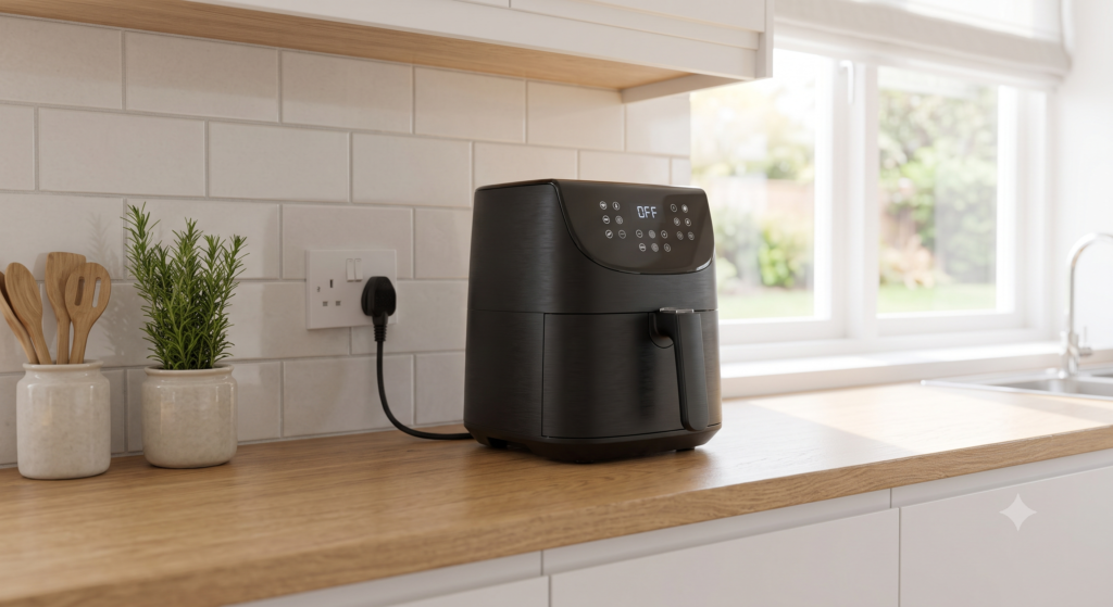 Modern air fryer plugged directly into a dedicated kitchen wall outlet