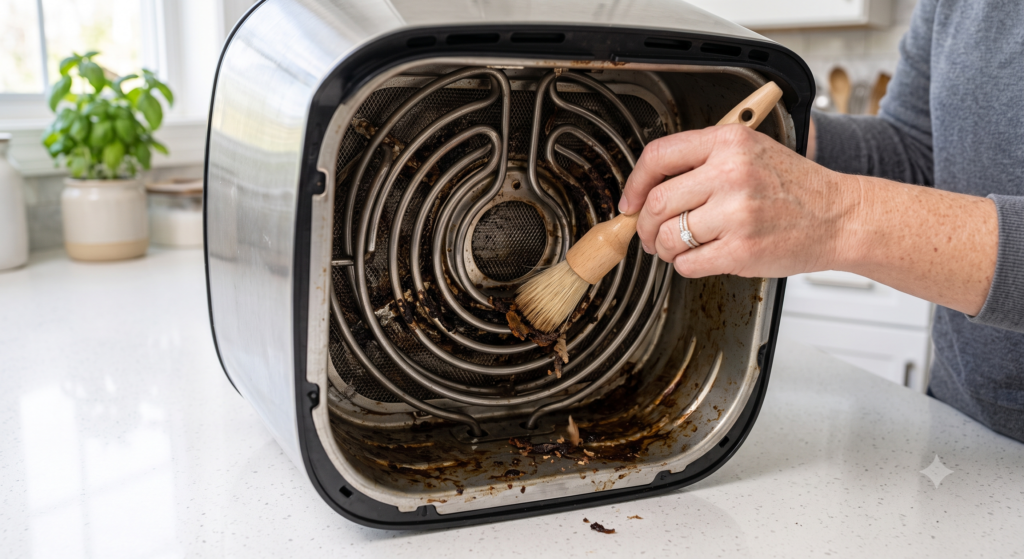 Applying baking soda paste to remove burnt grease from an air fryer basket