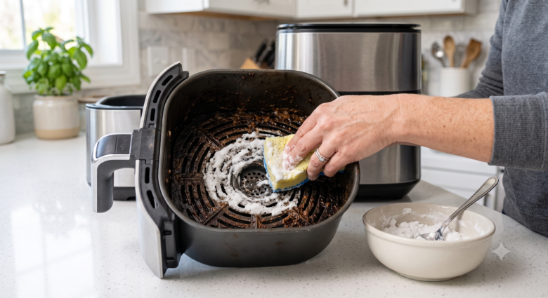 Applying baking soda paste to remove burnt grease from an air fryer basket