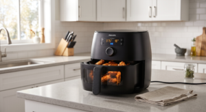 Modern black air fryer operating safely on a clean kitchen countertop