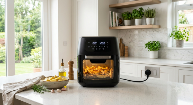 Modern air fryer cooking food safely on a clean kitchen countertop