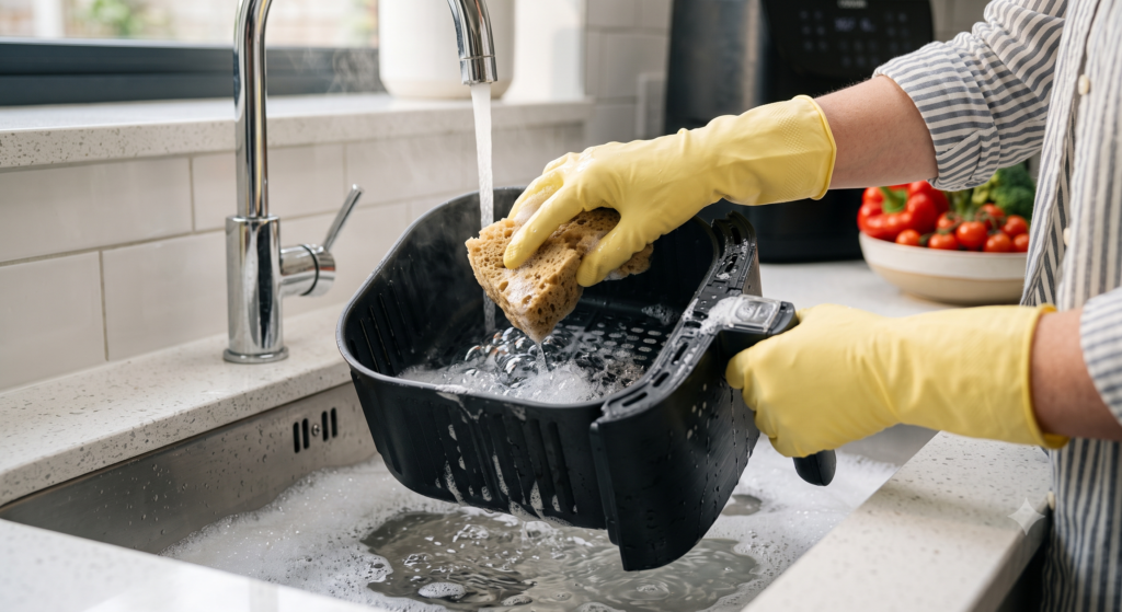 Person washing an air fryer basket with warm soapy water after cooking