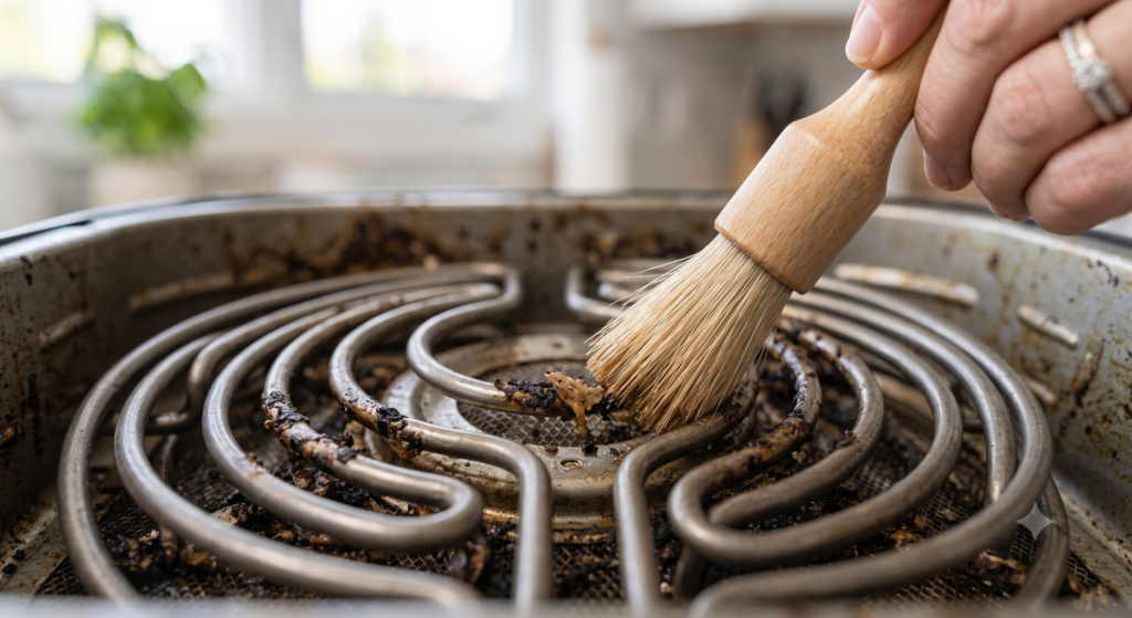 Cleaning grease from an air fryer heating element with a soft brush