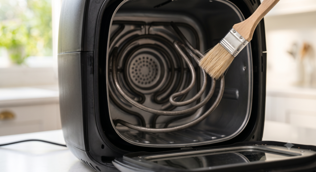 Spotless modern air fryer on a kitchen counter ready for cooking