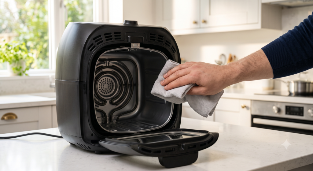 Cleaning the inside walls of an air fryer with a microfiber cloth