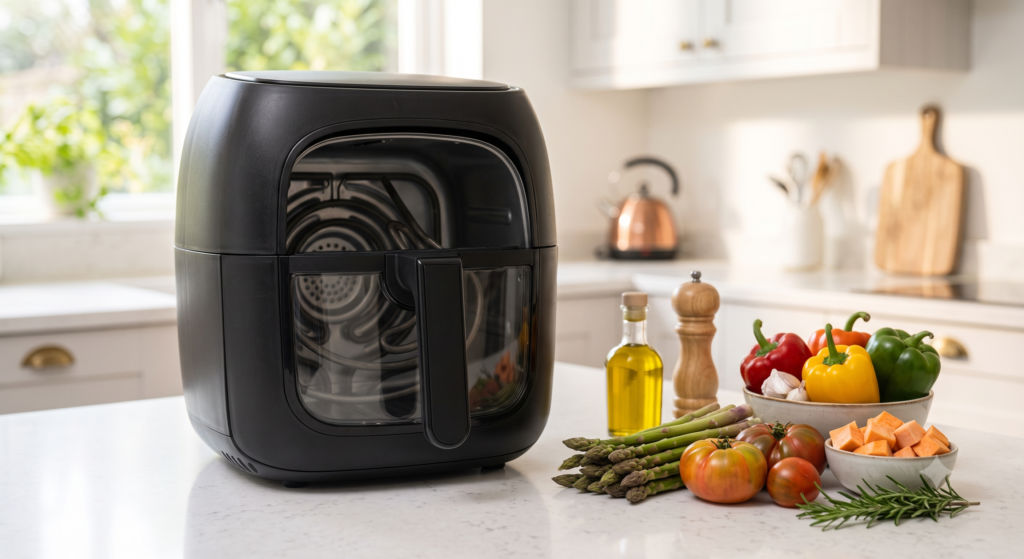 Spotless modern air fryer on a kitchen counter ready for cooking