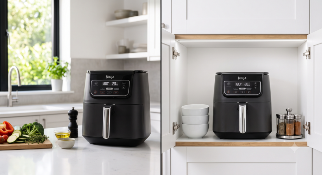 Modern air fryer shown on a kitchen countertop and inside a clean cabinet