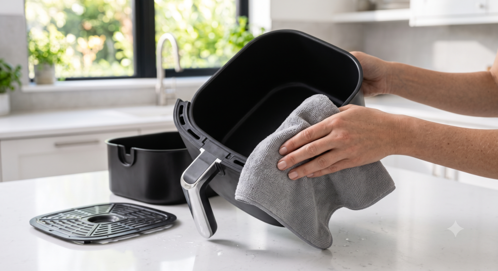 Drying an air fryer basket with a microfiber cloth before storage