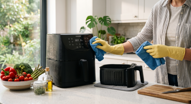 Clean modern air fryer with basket removed on a bright kitchen countertop