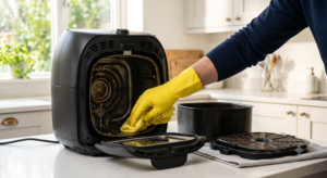Person deep cleaning a modern air fryer on a bright kitchen countertop