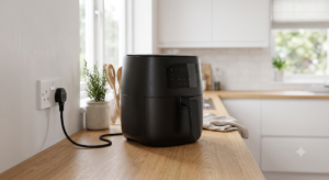 Modern black air fryer plugged into a kitchen wall outlet on a clean countertop