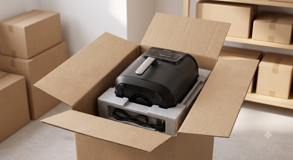 Clean air fryer stored safely inside its original box in a dry storage area