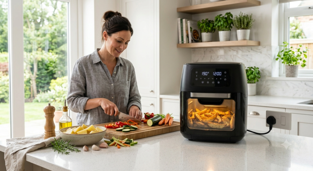 Person preparing food while monitoring an air fryer in the kitchen
