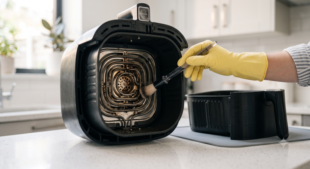 Cleaning the interior and heating element of a modern air fryer during monthly maintenance