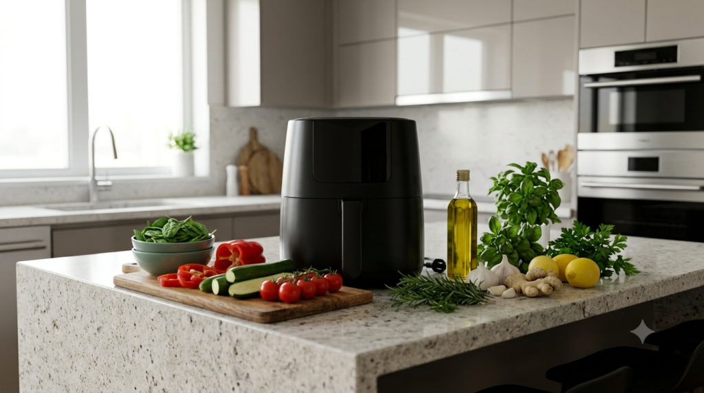 Clean air fryer with fresh ingredients ready for safe cooking