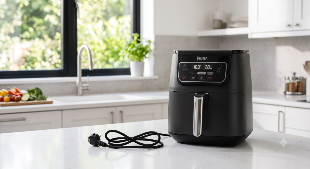 Loosely coiled air fryer power cord stored safely beside the appliance