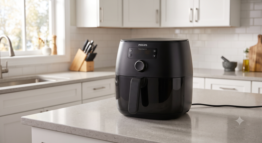 Modern air fryer safely positioned away from curtains, paper towels and walls