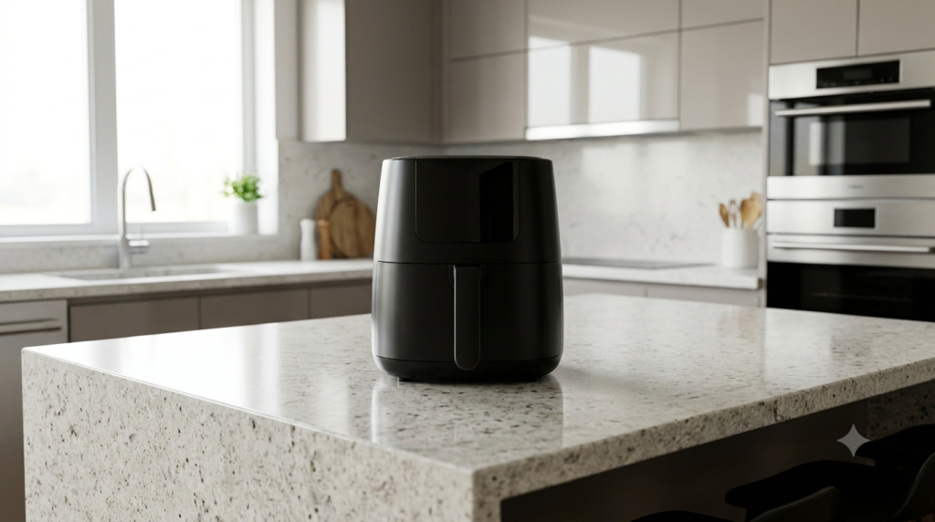Air fryer placed safely on a heat-resistant countertop with proper clearance