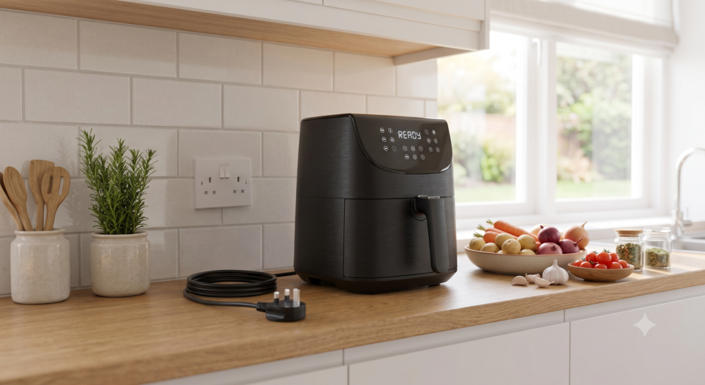Modern air fryer safely stored on a clean kitchen countertop in a well-organized kitchen