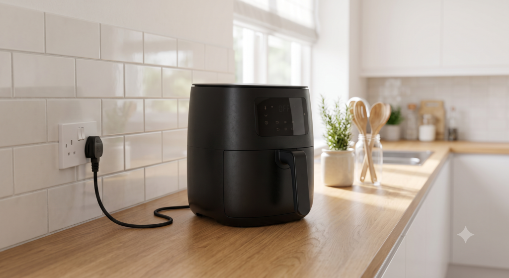 Air fryer positioned safely on a heat-resistant countertop away from walls and curtains