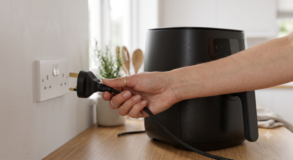 Person unplugging an air fryer from a kitchen wall outlet after cooking