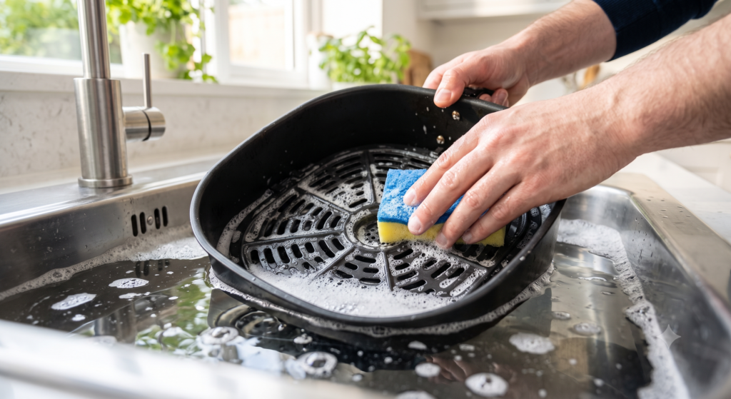 Air fryer basket soaking in warm soapy water before being cleaned