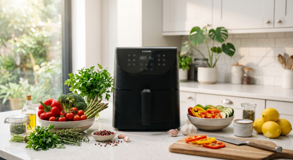 Spotless modern air fryer ready to cook fresh food in a contemporary kitchen